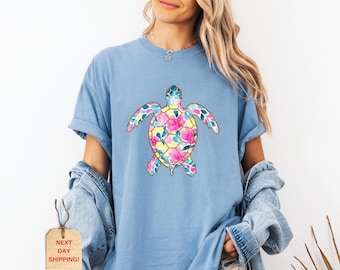 Comfort Colors Sea Turtle Shirt: Preppy Floral Watercolor Beach Tee