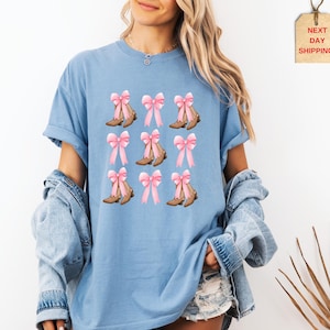 Comfort Colors®Coquette Cowgirl Shirt, Western Cowgirl Shirt, Country Girl Tee, Cowboy Boots Tee,Pink Bow Tee, Shirt for Women, Gift for Her