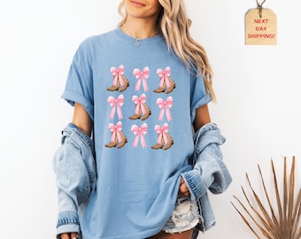 Comfort Colors Coquette Cowgirl Shirt: Western Boots & Pink Bows