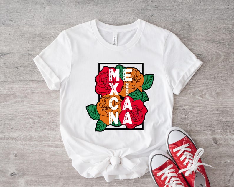 May include: White t-shirt with the word "MEXICANA" in a black frame, with red, orange, and green floral design. Red canvas sneakers with white laces are at the bottom of the image.