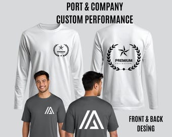 Camiseta deportiva personalizada de Port & Company, con logotipo delantero y trasero, manga larga personalizada, uniforme de equipo personalizado y para eventos empresariales.