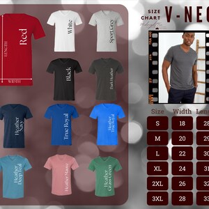 May include: A variety of V-neck t-shirts in different colors, including red, white, black, and blue. The image includes a size chart with measurements in inches, and a photo of a person wearing a gray V-neck shirt.