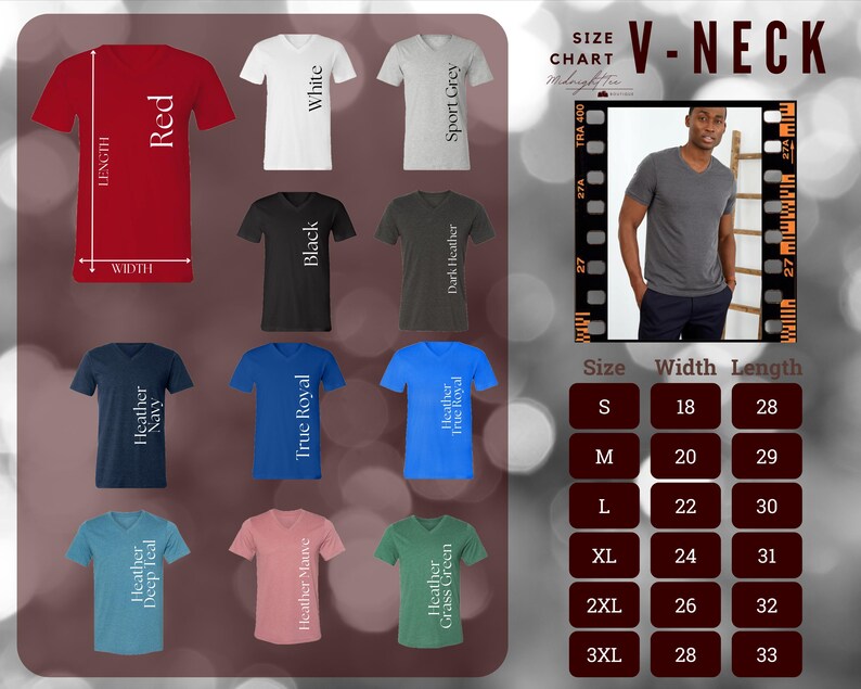 May include: A variety of V-neck t-shirts in different colors, including red, white, black, and blue. The image includes a size chart with measurements in inches, and a photo of a person wearing a gray V-neck shirt.
