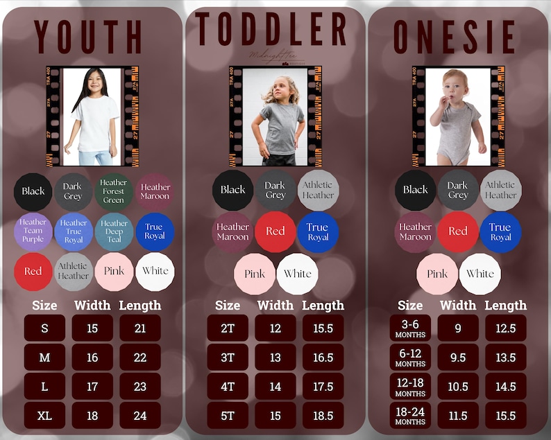 May include: A product listing image showcasing youth, toddler, and onesie apparel. The image displays color options and size charts for each category. Colors include black, grey, red, and pink. Sizes range from S to XL for youth, 2T to 5T for toddlers, and 3-6 months to 18-24 months for onesies.