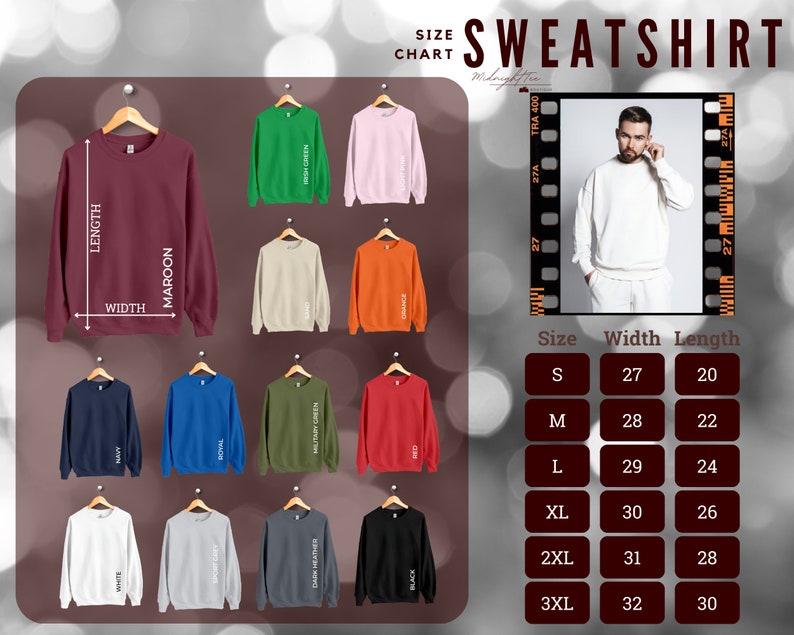 May include: Size chart for sweatshirts in various colors, including maroon, white, navy, royal blue, military green, red, black, dark heather, and orange. The chart shows the size, width in inches, and length in inches for each size: S, M, L, XL, 2XL, and 3XL.