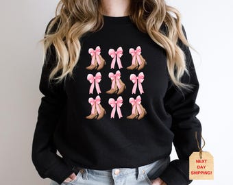 Coquette Cowgirl Sweatshirt: Pink Bow Cowboy Boots Sweater