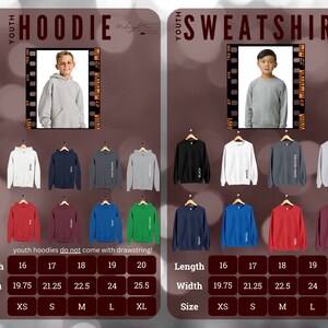 May include: A size chart for youth hoodies and sweatshirts. The chart shows the length and width of each size in inches, as well as the corresponding size (XS, S, M, L, XL). The chart also includes a note that youth hoodies do not come with drawstrings.