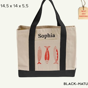 May include: A natural-colored canvas tote bag with black handles and a black base. The front features the name Sophia in black text above three stylized red fish illustrations. The bag measures 14.5 x 14 x 5.5 inches as indicated by the text.
