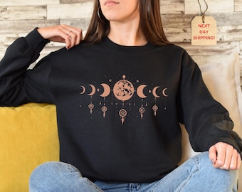 Celestial Moon Phase Sweatshirt: Boho Astronomy Outfit
