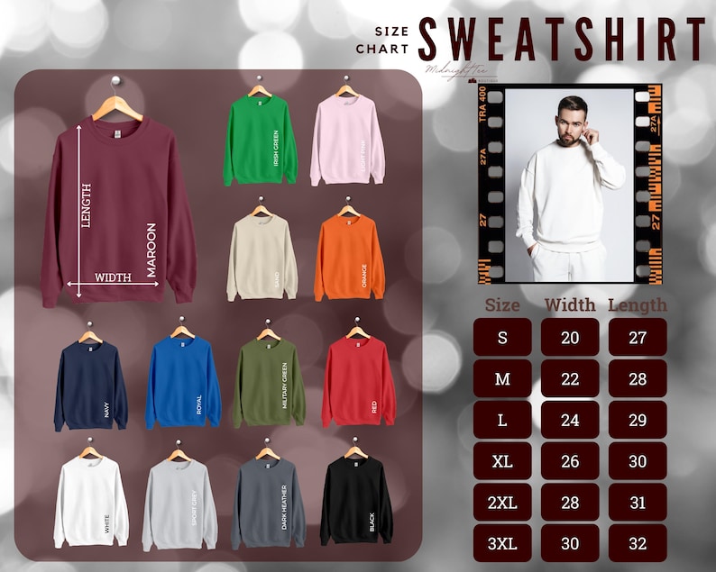 May include: Size chart for sweatshirts in various colors, including maroon, green, pink, beige, orange, navy, royal blue, dark heather, red, white, gray, and black. The chart shows the width and length measurements in inches for sizes S, M, L, XL, 2XL, and 3XL.