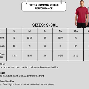 May include: A size chart for Port & Company unisex performance shirts, sizes S-3XL. The chart details chest width, body length, and sleeve length in inches. Two models are shown wearing red and gray shirts. The text "PORT & COMPANY UNISEX PERFORMANCE" is at the top.
