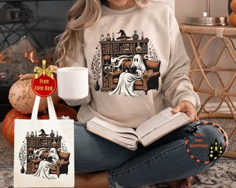 Ghost Book Reader Sweatshirt: Cozy Cotton-Blend, Literature Lover Gift