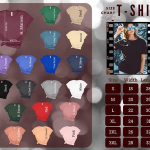 Op de afbeelding: Een maattabel voor t-shirts in verschillende kleuren en maten. De tabel toont de breedte en lengte van elke maat in inches. De maten zijn S, M, L, XL, 2XL en 3XL.