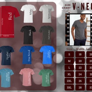 Op de afbeelding: Maattabel voor V-hals T-shirts met afmetingen in inches. De tabel toont verschillende kleuren T-shirts, waaronder rood, wit, zwart, heather navy, true royal, heather true royal, heather deep teal, heather mauve en heather grass green. De tabel toont ook een model dat een grijs V-hals T-shirt draagt.