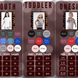 Op de afbeelding: Maattabel voor kleding voor jeugd, peuters en rompers. De tabel toont verschillende maten, breedtes en lengtes in inches. De tabel toont ook verschillende kleuropties voor de kleding.