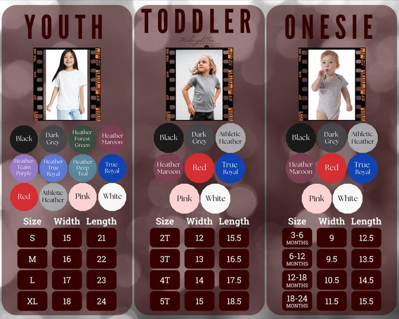 Op de afbeelding: Maattabel voor kleding voor jeugd, peuters en rompers. De tabel toont verschillende maten, breedtes en lengtes in inches. De tabel toont ook verschillende kleuropties voor de kleding.