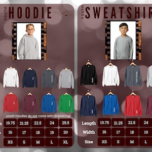 May include: A size chart for youth hoodies and sweatshirts. The chart shows the length and width of each size in inches, as well as the corresponding size in XS, S, M, L, and XL. The chart also includes a note that youth hoodies do not come with a drawstring.
