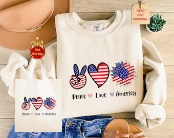 Peace Love America Sweatshirt: Patriotic Sunflower American Flag
