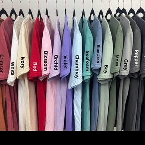 Puede incluir: Una colecci&oacute;n de camisetas de varios colores colgadas de perchas negras. Los colores incluyen Yam, Crimson, White, Ivory, Red, Blossom, Orchid, Violet, Chambray, Seafoam, Blue Jean, Bay, Moss, Grey, Pepper, Graphite y Black.