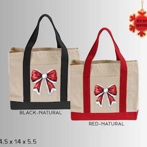 Santa Coquette Bow Tote Bag, Red Christmas Tote, Merry Xmas Gift Bag, Coquette Aesthetic Holiday Bag, Cute Santa Claus Tote for Her