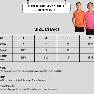 May include: A size chart for youth performance shirts, with measurements in inches. The chart includes chest width, body length, and sleeve length for sizes S, M, L, and XL. Two boys are wearing orange and pink shirts. The brand name is "Port & Company".
