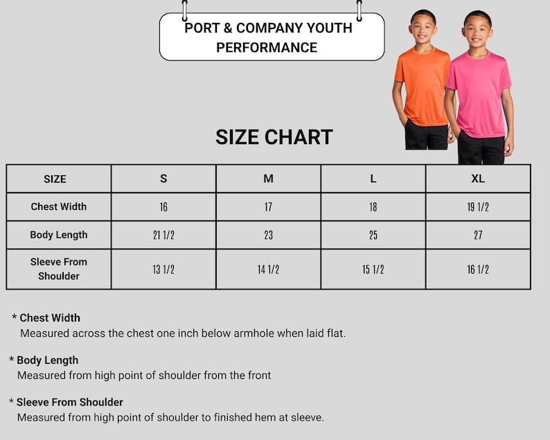 May include: A size chart for youth performance shirts, with measurements in inches. The chart includes chest width, body length, and sleeve length for sizes S, M, L, and XL. Two boys are wearing orange and pink shirts. The brand name is "Port & Company".