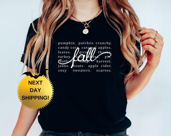 Fall Words Graphic Tee: Women's Autumn Shirt, Thanksgiving Gift