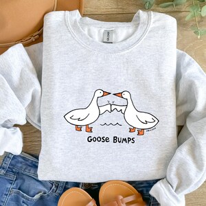 May include: A gray sweatshirt with a graphic of two geese bumping into each other. The text "Goose Bumps" is printed below the geese.