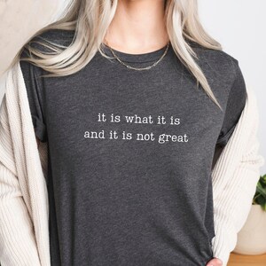 May include: Dark gray t-shirt with the text "it is what it is and it is not great" in white. The shirt is worn with a cream-colored cardigan and a gold necklace. A small plant is visible in the background.