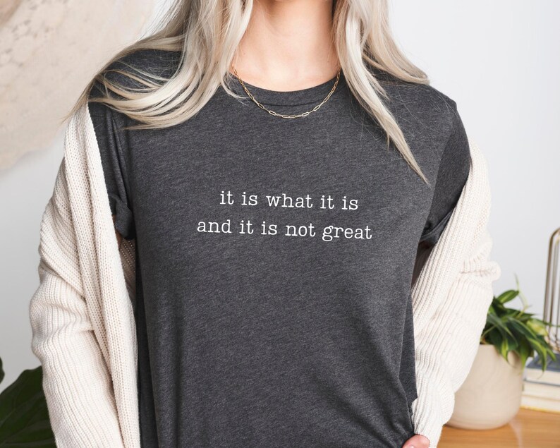 May include: Dark gray t-shirt with the text "it is what it is and it is not great" in white. The shirt is worn with a cream-colored cardigan and a gold necklace. A small plant is visible in the background.