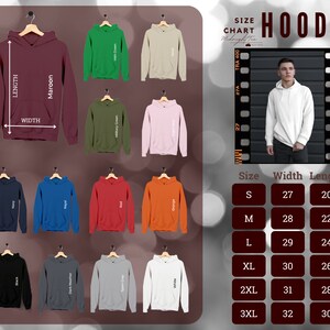 May include: Hoodie size chart with measurements in inches. The chart shows the width and length of hoodies in sizes S, M, L, XL, 2XL, and 3XL. The chart is displayed on a brown background with a photo of a white hoodie on a model.