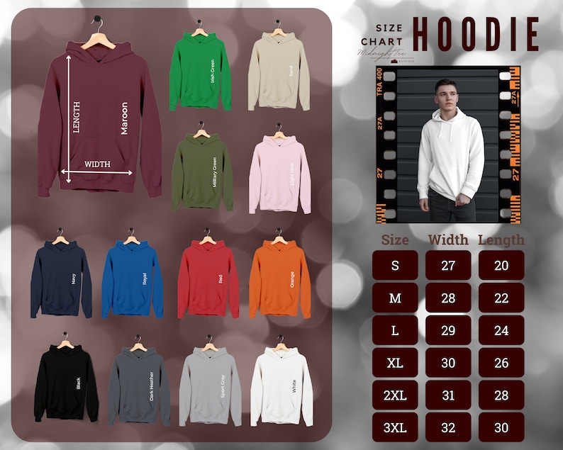 May include: Hoodie size chart with measurements in inches. The chart shows the width and length of hoodies in sizes S, M, L, XL, 2XL, and 3XL. The chart is displayed on a brown background with a photo of a white hoodie on a model.