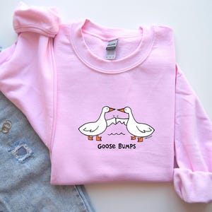 May include: Pink sweatshirt with a graphic of two geese bumping into each other. The text "Goose Bumps" is printed below the geese.
