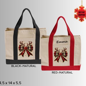 Christmas Coquette Tote Bag, Reindeer Bow Holiday Bag, Custom Christmas Gift Bag, Cute Family Christmas Tote, Personalized Xmas Bag