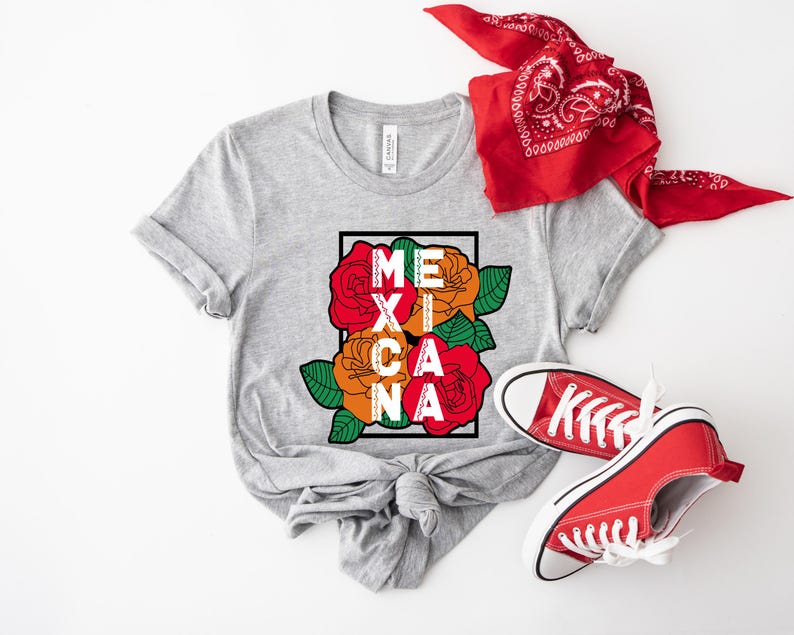 May include: A light gray t-shirt with the word "MEXICANA" in white letters, framed by red and orange roses and green leaves. A red bandana and red sneakers complete the look.