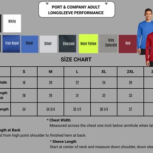 May include: A product image showcasing long-sleeve performance shirts from Port & Company in various colors, including black, white, and red. A size chart details chest width from 18 to 28 inches and body length from 28 to 34 inches. The shirts are available in sizes S to 3XL.