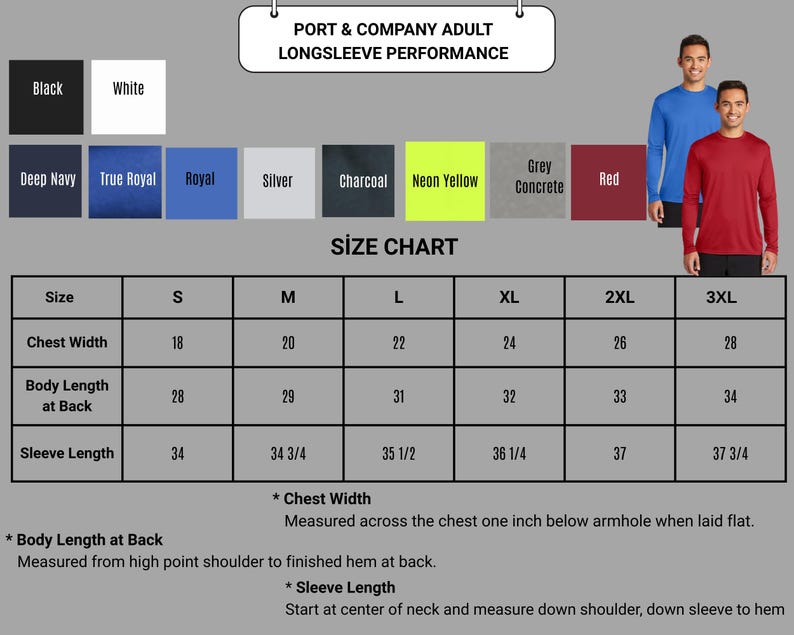 May include: A product image showcasing long-sleeve performance shirts from Port & Company in various colors, including black, white, and red. A size chart details chest width from 18 to 28 inches and body length from 28 to 34 inches. The shirts are available in sizes S to 3XL.