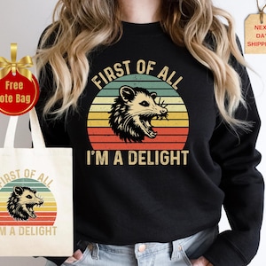 First Of All I&#39;m A Delight Sweatshirt & Hoodie, Sarcastic Quotes Sweater, Womens Self Love,  Angry Possum Sweater, Gift For Best Friend