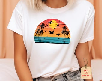Retro Beach Sunset Shirt: Floral Palm Tree Vacation Tee