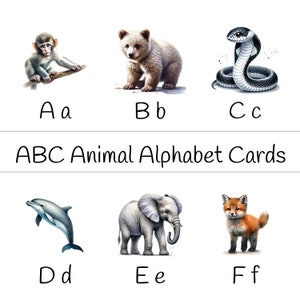 Carte dell'alfabeto inglese ABC con gli animali – Stampa tu stesso | schede didattiche per bambini dell'asilo e principianti della scuola