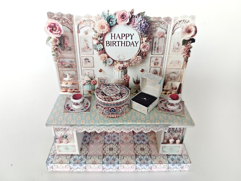 Vintage birthday stand DIY miniature kit, birthday presents, cards, DIY present to family, holiday card, gift idea