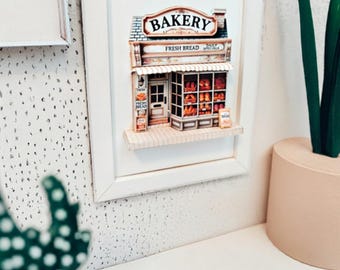 5x7"- Bakery Store pop-up frame, DIY miniature scenery kit, instant download template, shadow box gift, Bread Shop, mini house, mini shop