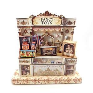 Vintage Fancy Toy Shop Stand included vintage doll, car, robot and firework,  vintage scene collection