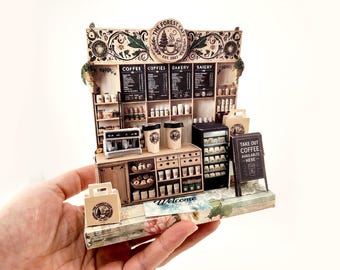 Forest Cafe-  DIY miniature stand craft kit, coffee cup, coffee machine, paper bags, 3 inches doll scenery