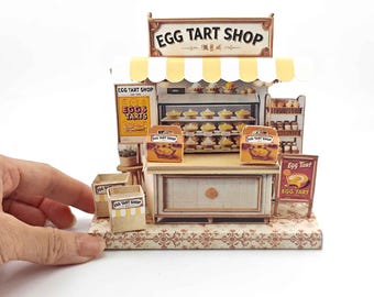 Miniature Egg Tart Stand: Dollhouse Bakery Diorama with Box & Bag