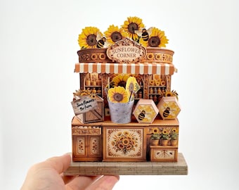 Printable Sunflower Corner Market Stand Kit, DIY 3D Papercraft Honey & Flower Booth, Miniature Bee Counter Template, PDF Digital Download
