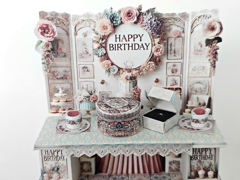 Vintage birthday stand DIY miniature kit, birthday presents, cards, DIY present to family, holiday card, gift idea