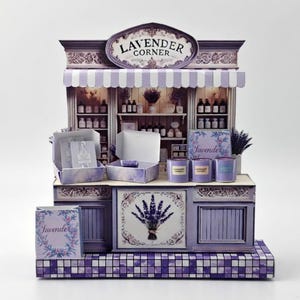 Lavender Shop Miniature Stand: DIY Paper Craft Kit (5x7 Frame), mini candles purple scene