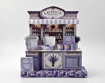 Lavender Corner Miniature Stand: DIY Paper Craft Kit (5x7 Frame), mini candles purple scene