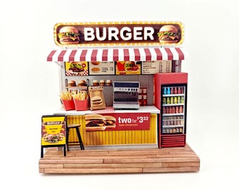 Miniature Burger Shop Craft Kit: 3-Inch Dollhouse Scene (DIY Printable), mini food, mini burger and fries